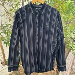 Vintage 2000s Anchor Blue Black White Stripe Button Up Shirt XL 24x28